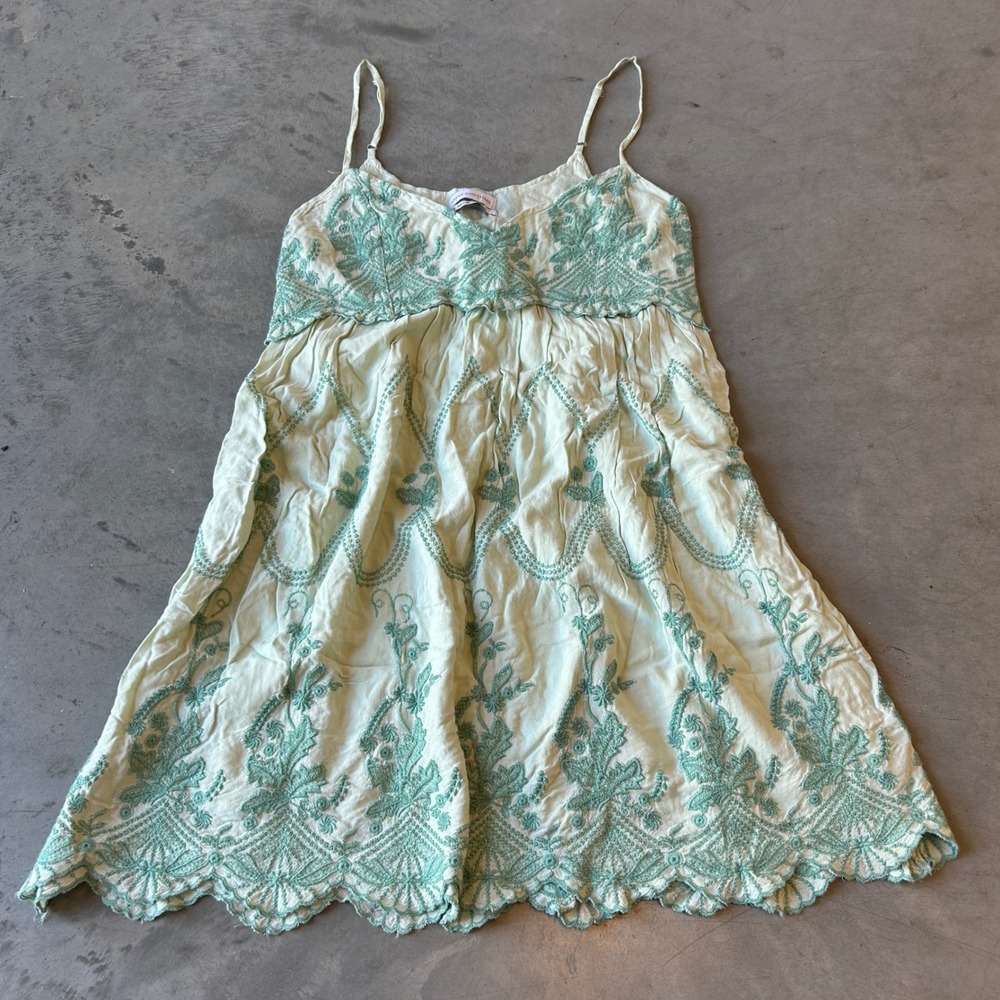 Urban Outfitters Embroidered Babydoll Mini Dress Mint Teal Scalloped Hem Large